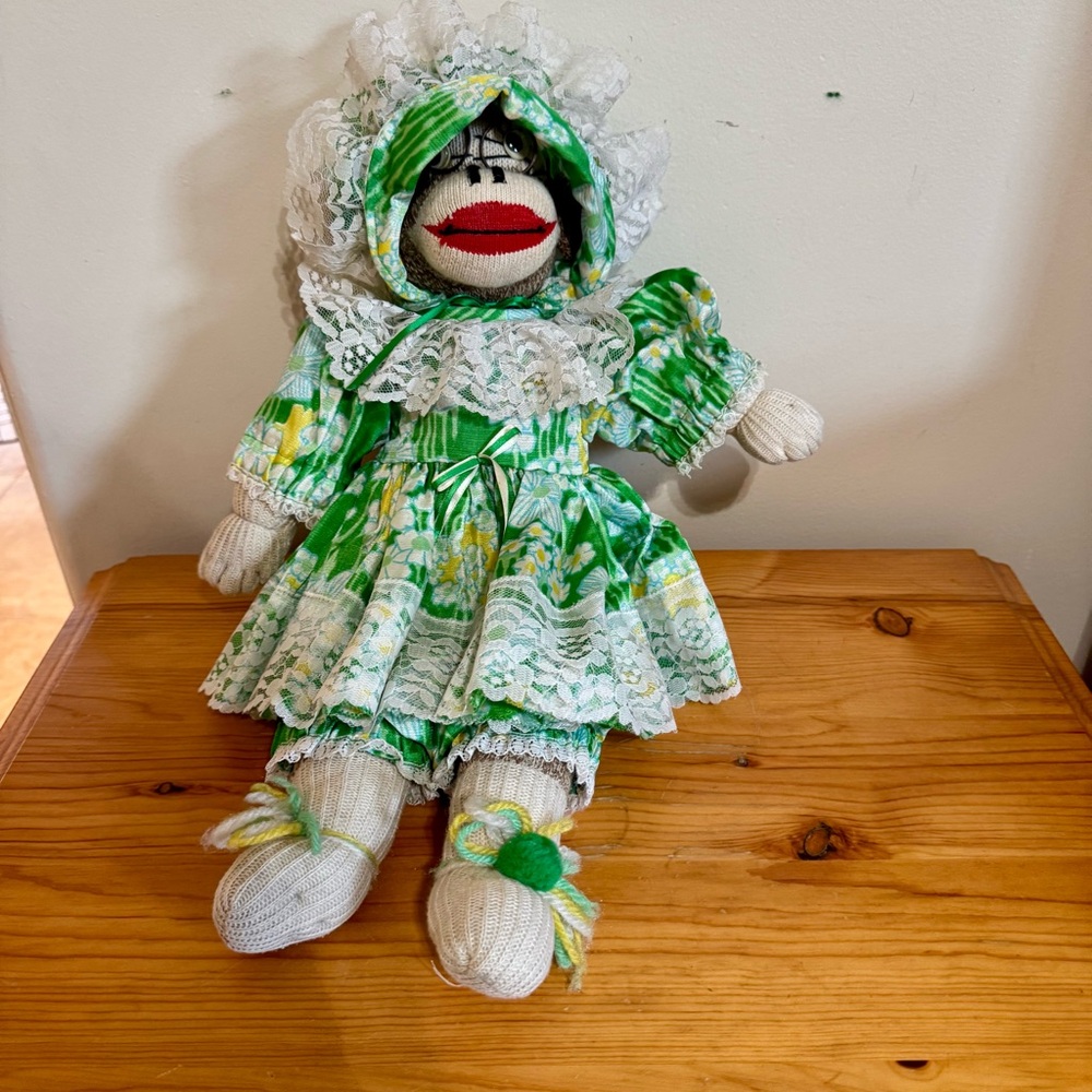 Vintage Sock Monkey With Green and White Dress and Glasses Plush Doll Toy Retro